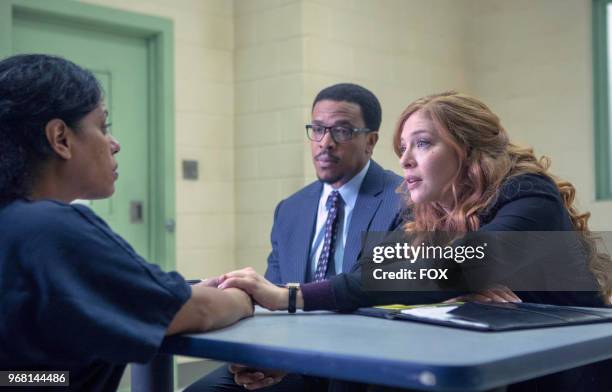 Guest star Liza Colón-Zayas, Russell Hornsby and Rachelle Lefevre in PROVEN INNOCENT on FOX.
