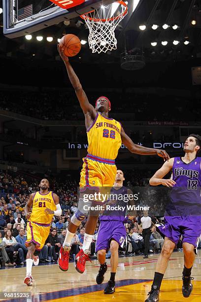 Anthony Morrow of the Golden State Warriors converts on a layup against the Sacramento Kings on February 17, 2010 at Oracle Arena in Oakland,...