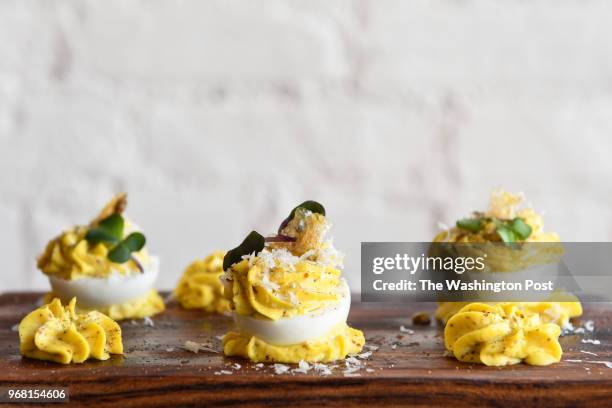 Deviled Eggs 'Cacio e Pepe' with pecorino mousse, black pepper & pork rind at Nopa in Washington, DC on March 24, 2018.