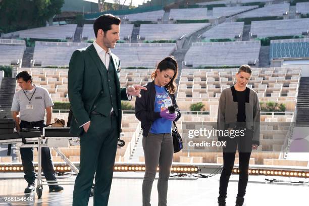 Tom Ellis, Aimee Garcia and Lauren German in the Let Pinhead Sing episode of LUCIFER airing Monday, March 12 on FOX. Photo by FOX Image Collection...