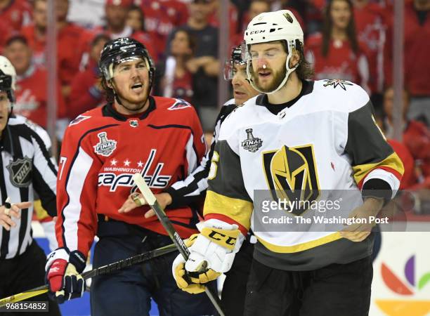 Washington Capitals right wing T.J. Oshie yells at Vegas Golden Knights defenseman Colin Miller after rough play in the third period during game four...