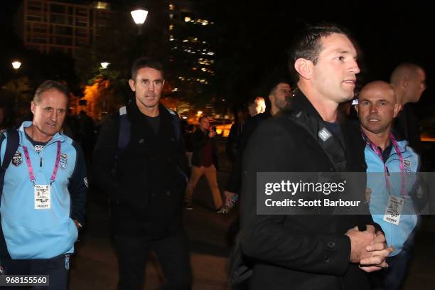 Blues coach Brad Fittler and Danny Buderus smile ahead of game one of the State Of Origin series between the Queensland Maroons and the New South...