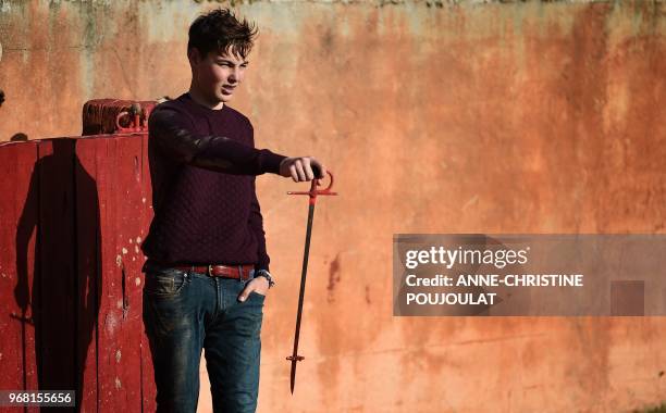 Artus learns the trade of torero in the bullring of Franquevaux, at the bullfighting school of the French Center of Bullfighting on March 10, 2018 in...