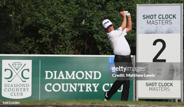 Miguel Angel Jimenez of spain tees off on the 2nd hole during the Pro-Am of The 2018 Shot Clock Masters at Diamond Country Club on June 6, 2018 in...