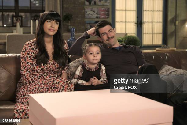 Hannah Simone, guest star Danielle/Rhiannon Rockoff and Max Greenfield in the "About Three Years Later" season seven premiere episode of NEW GIRL...