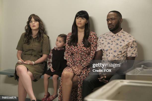 Zooey Deschanel, guest star Danielle/Rhiannon Rockoff, Hannah Simone and Lamorne Morris in the "About Three Years Later" season seven premiere...