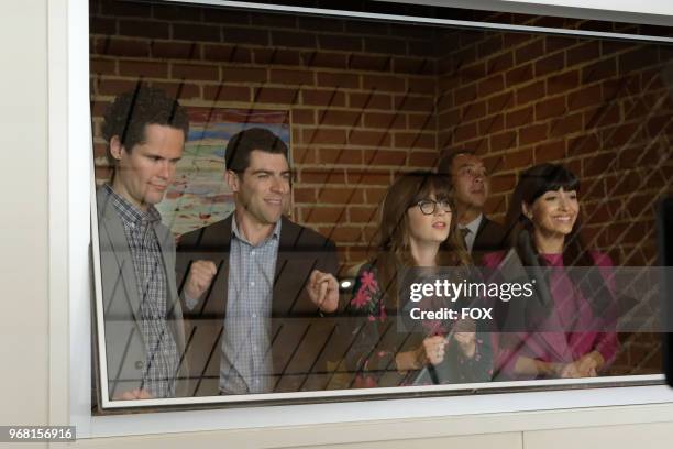 Guest star David Neher, Max Greenfield, Zooey Deschanel and Hannah Simone in the "Lilypads" episode of NEW GIRL airing Tuesday, April 24 on FOX.