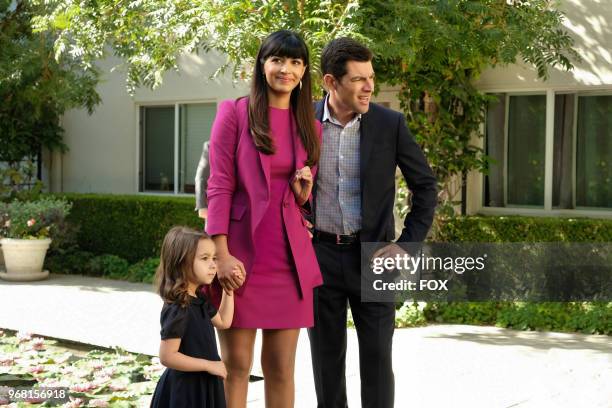 Danielle/Rhiannon Rockoff, Hannah Simone and Max Greenfield in the "Lilypads" episode of NEW GIRL airing Tuesday, April 24 on FOX.