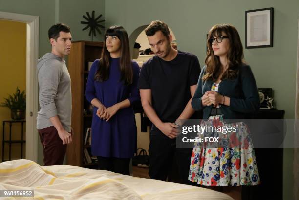 Max Greenfield, Hannah Simone, Jake Johnson and Zooey Deschanel in "Godparents," the first part of the special one-hour NEW GIRL episode airing...