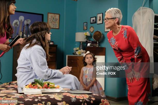 Hannah Simone, Zooey Deschanel, Danielle/Rhiannon Rockoff and guest star Jamie Lee Curtis in "The Curse of the Pirate Bride," the first part of the...