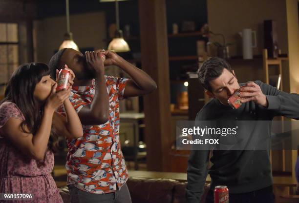 Hannah Simone, Lamorne Morris and Max Greenfield in "Engram Pattersky," the second part of the special one-hour series finale episode of NEW GIRL,...