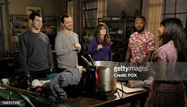 Max Greenfield, Jake Johnson, Zooey Deschanel, Lamorne Morris and Hannah Simone in "Engram Pattersky," the second part of the special one-hour series...