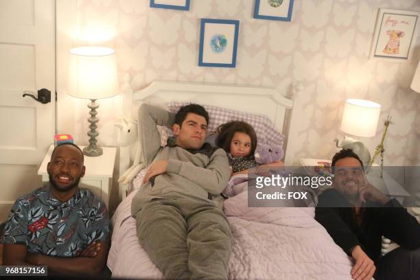 Lamorne Morris, Max Greenfield, Danielle/Rhiannon Rockoff and Jake Johnson in the "Tuesday Meeting" episode of NEW GIRL airing Tuesday, April 17 on...