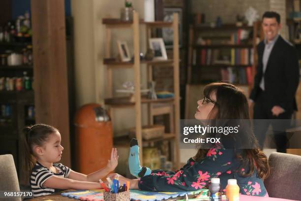 Danielle/Rhiannon Rockoff, Zooey Deschanel and Max Greenfield in the "Lilypads" episode of NEW GIRL airing Tuesday, April 24 on FOX.