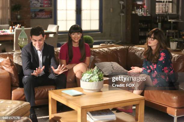 Max Greenfield, Hannah Simone and Zooey Deschanel in the "Lilypads" episode of NEW GIRL airing Tuesday, April 24 on FOX.