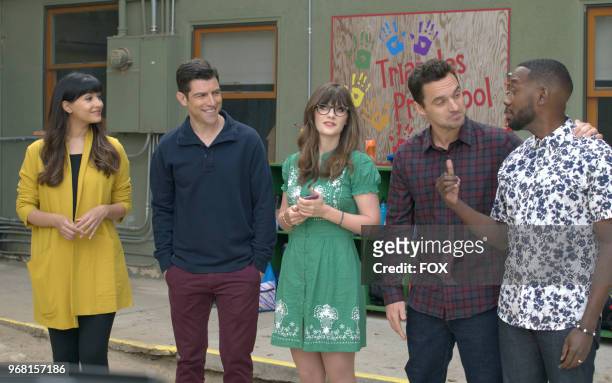 Hannah Simone, Max Greenfield, Zooey Deschanel, Jake Johnson and Lamorne Morris in the "Lilypads" episode of NEW GIRL airing Tuesday, April 24 on FOX.