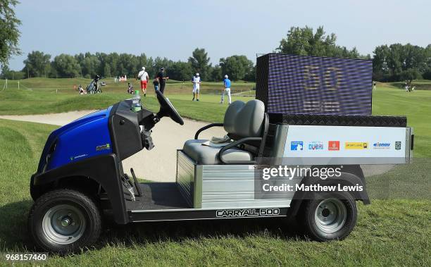 Golf buggy shows an electronic clock display during the Pro-Am of The 2018 Shot Clock Masters at Diamond Country Club on June 6, 2018 in Atzenbrugg,...