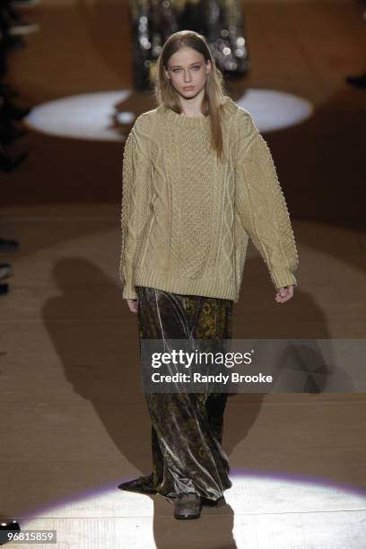 Model wearing Marc Jacobs Fall 2010 during Mercedes-Benz Fashion Week at the NY State Armory on February 15, 2010 in New York City.