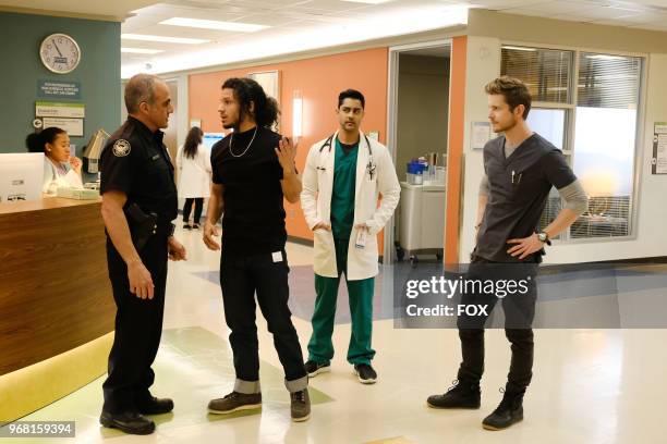 Guest star Jeffrey David Anderson, guest star Ramses Jimenez, Manish Dayal and Matt Czuchry in the "Run Doctor Run" episode of THE RESIDENT airing...