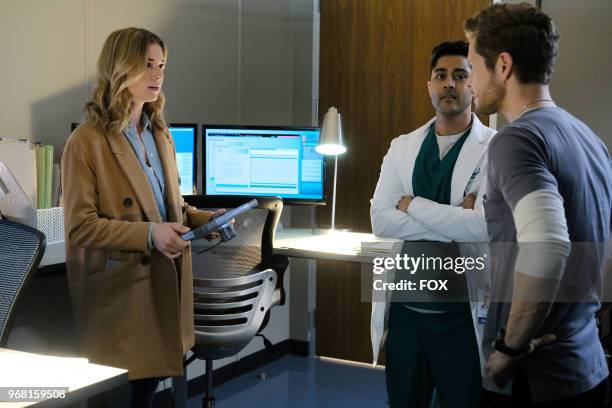 Emily VanCamp, Manish Dayal and Matt Czuchry in the "Total Eclipse of the Heart" season finale episode of THE RESIDENT airing Monday, May 14 on FOX.