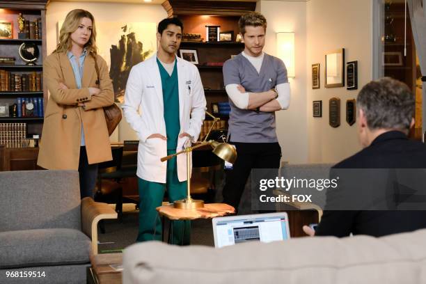 Emily VanCamp, Manish Dayal and Matt Czuchry in the "Total Eclipse of the Heart" season finale episode of THE RESIDENT airing Monday, May 14 on FOX.