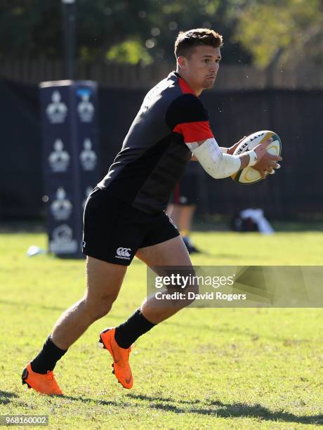 Henry Slade runs with the ball during the England training session at Kings Park Stadium on June 6, 2018 in Durban, South Africa.