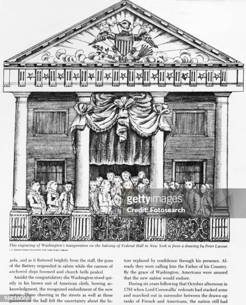 Illustration of American President George Washington's inauguration on the balcony of the Federal Hall in New York City, New York, U.S.A., April 30,...