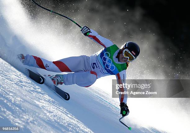 Elisabeth Goergl of Austria takes the Bronze Medal during the Women's Alpine Skiing Downhill on Day 6 of the 2010 Vancouver Winter Olympic Games on...