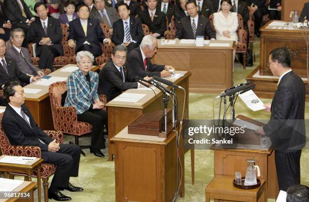 Liberal Democratic Party President Sadakazu Tanigaki asks questions to Prime Minister Yukio Hatoyama during the first debate of the party leaders at...