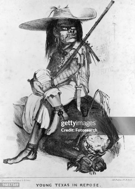 Cartoon showing grotesque armed figure sitting on a crouching enslaved man with caption 'Young Texas In Repose' circa1840s. .