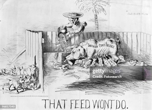 Cartoon Figure of a fox, 'Jeffy', pouring a bucket of bonds into the trough of a pig, 'Southern Confederacy', with many suckling piglets and caption...