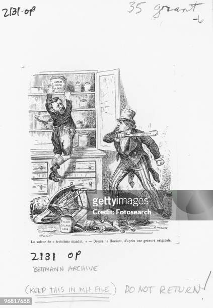Cartoon By L. Houssot showing Uncle Sam taking a cudgel of public opinion to a thief in the kitchen reaching for the Habeas Corpus jam, circa 1880. .
