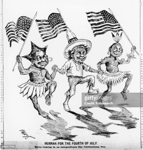 Cartoon of three dancing figures representing Hawaii, Cuba and Philippines with caption 'Hurrah For The Fourth Of July We're Coming In On...
