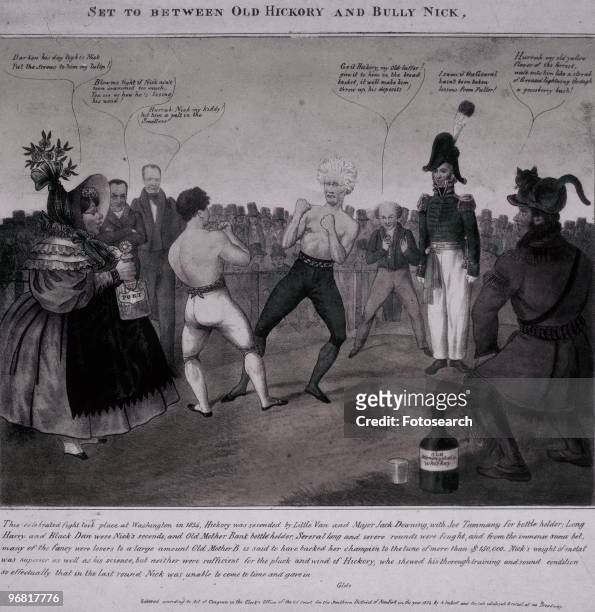 Cartoon satire on the conflict between Andrew Jackson and Nicholas Biddle over the future of the bank of the United States, circa 1832. .