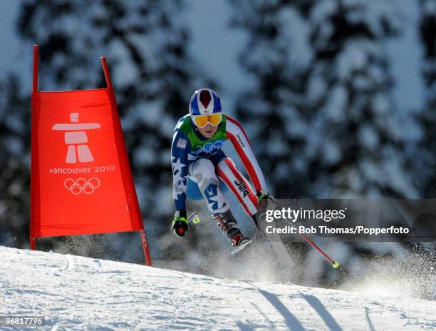 Lindsey Vonn of the USA competes during the Alpine Skiing Ladies Downhill on day 6 of the Vancouver 2010 Winter Olympics at Whistler Creekside on...