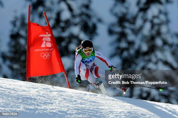 Elisabeth Goergl of Austria competes during the Alpine Skiing Ladies Downhill on day 6 of the Vancouver 2010 Winter Olympics at Whistler Creekside on...