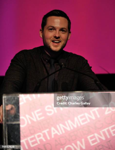 Host Damien Fahey speaks during the One Club's 2nd Annual One Show Entertainment Awards at the American Cinematheque's Egyptian Theater on February...