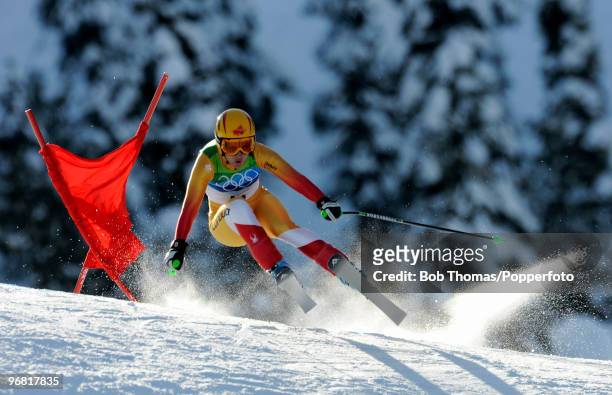 Britt Janyk of Canada competes during the Alpine Skiing Ladies Downhill on day 6 of the Vancouver 2010 Winter Olympics at Whistler Creekside on...