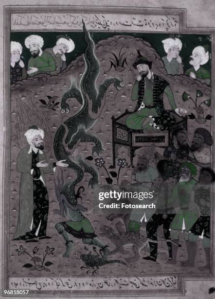 Illustration of the story of how 'Moses turns staff into a dragon' as told by the prophet Qisasal-Anbiya, circa 1500s.