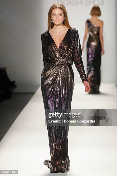Model walks the runway at the Tadashi Shoji Fall 2010 show during Mercedes-Benz Fashion Week on February 15, 2010 in New York City.