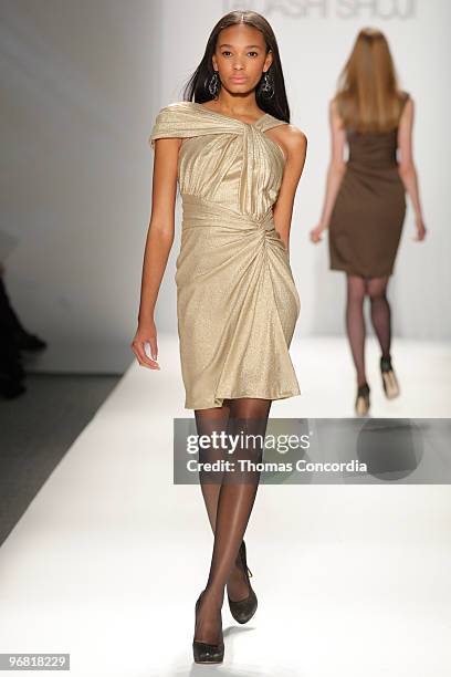 Model walks the runway at the Tadashi Shoji Fall 2010 show during Mercedes-Benz Fashion Week on February 15, 2010 in New York City.
