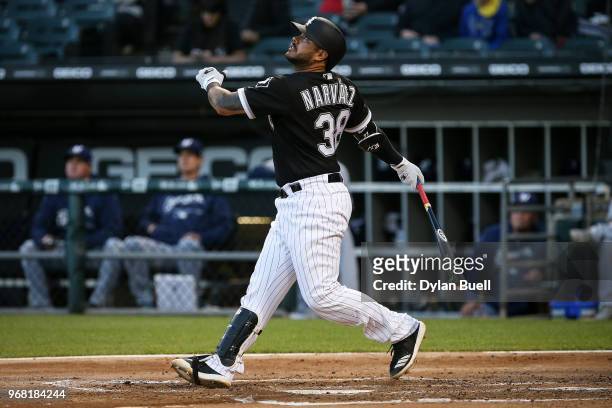Omar Narvaez of the Chicago White Sox pops out in the second inning against the Milwaukee Brewers at Guaranteed Rate Field on June 1, 2018 in...