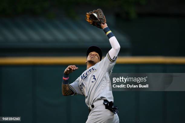 Orlando Arcia of the Milwaukee Brewers catches a fly ball in the second inning against the Chicago White Sox at Guaranteed Rate Field on June 1, 2018...