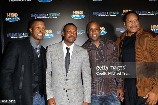 Corey Reynolds, Chris Tucker, Barry Bonds and Dave Winfield attend the Los Angeles premiere of HBO's "Magic And Bird: A Courtship Of Rivals" held at...