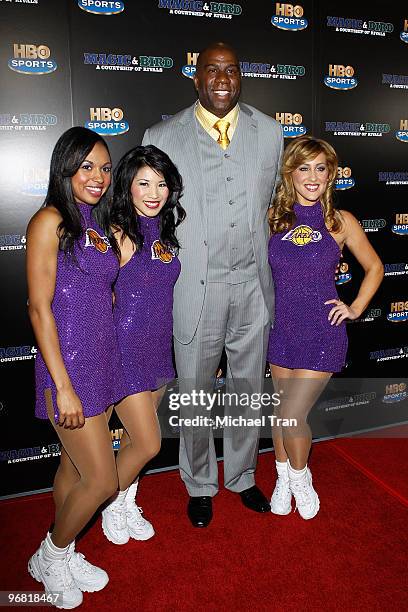 Earvin 'Magic' Johnson and The Laker Girls attend the Los Angeles premiere of HBO's "Magic And Bird: A Courtship Of Rivals" held at Mann Bruin...