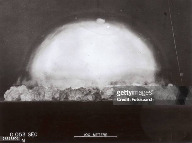 Image labeled '0.053 Sec' of the first Nuclear Test, codenamed 'Trinity', conducted by Los Alamos National Laboratory at Alamogordo, New Mexico circa...
