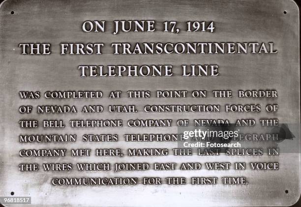 Bronze plaque at Wendover, Utah commemorating the first transcontinental voice telephone link, circa 1914. .