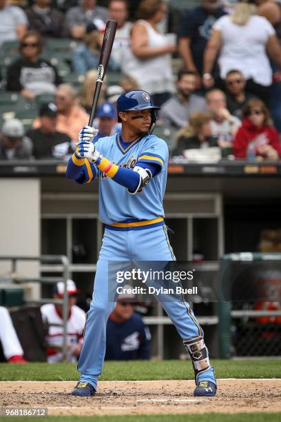 Orlando Arcia of the Milwaukee Brewers bats in the fifth inning against the Chicago White Sox at Guaranteed Rate Field on June 2, 2018 in Chicago,...