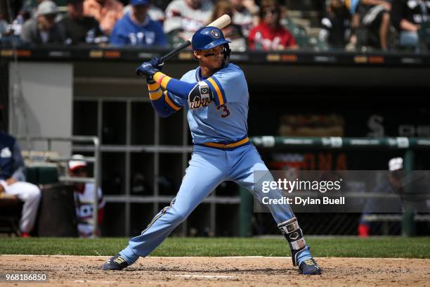 Orlando Arcia of the Milwaukee Brewers bats in the seventh inning against the Chicago White Sox at Guaranteed Rate Field on June 2, 2018 in Chicago,...