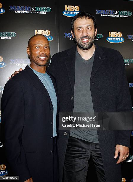 Byron Scott and Vlade Divac attend the Los Angeles premiere of HBO's "Magic And Bird: A Courtship Of Rivals" held at Mann Bruin Theatre on February...